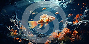 exotic tropical goldfish gold fish swims underwater in ocean in an aquarium