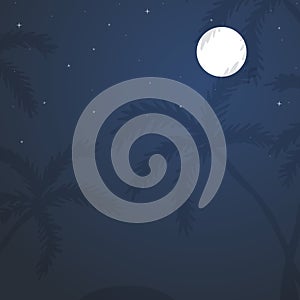 Exotic tropical landscape with moon night sky, palm trees