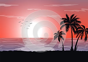 Exotic tropical  landscape. Palm trees at sunset or moonlight. Seascape. Tourism and travelling.