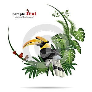 Exotic tropical leaf background in greeting template.