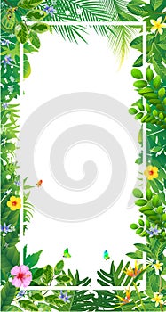 Exotic tropical leaf and frower border background in greeting te