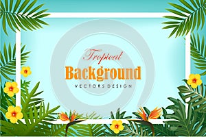 Exotic tropical leaf and frower border background in greeting te