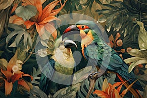 exotic tropical leaf nature bird palm art jungle flower wallpaper. Generative AI.