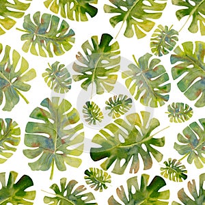 Exotic tropical leaves. Seamless pattern on white isolated background. Fashion beach art print Wallpaper. Watercolor illustration