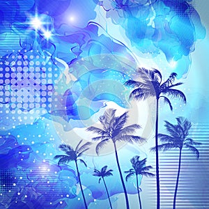 Exotic tropical palm trees with fantasy sunset background . Hig