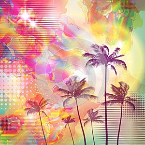 Exotic tropical palm trees with fantasy sunset background . Hig