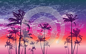 Exotic tropical palm trees at sunset or moonlight, with cloudy