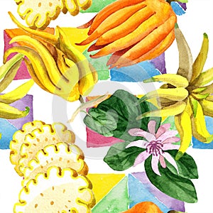 Exotic tropical plant wild fruit in a watercolor style isolated. Seamless background pattern.