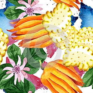 Exotic tropical plant wild fruit in a watercolor style isolated. Seamless background pattern.