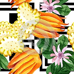 Exotic tropical plant wild fruit in a watercolor style . Seamless background pattern.