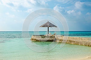 An exotic view of a palm tree umbrella on a cape overlooking the sea