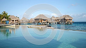 Exotic view from water villas in Bora Bora, Tahiti, French Polynesia