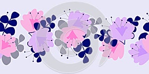 Exotic violet and pink flowers with grey and blue leaves on light grey background