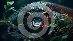 Exotic viper snake with bright red eyes and lush green foliage in the foreground, AI-generated.