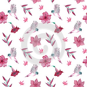 Exotic watercolor flowers and birds seamless pattern