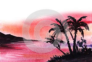 Exotic watercolor landscape. Black silhouettes of coast with palms and distant blurry island against crimson sunset sky reflected