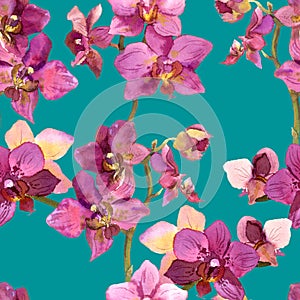 Exotic watercolor painted template with repeated orchids flowers