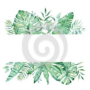 Exotic watercolor tropical frame border palm tree. Summer clipart illustration.