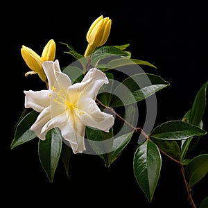 Exotic White And Yellow Flower On Branch With Green Leaves