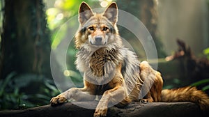 Exotic Wolf Lying On Log: Raw Authenticity In Vibrant Colors