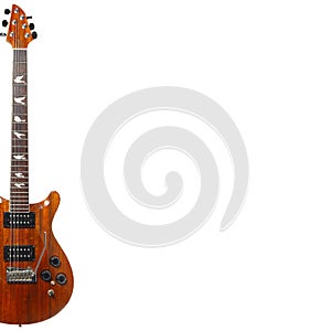 Exotic wood electric guitar on the left side of white background, with plenty of copy space.