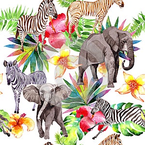 Exotic zebra and elephant wild animals pattern in a watercolor style.