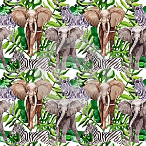 Exotic zebra and elephant wild animals pattern in a watercolor style.