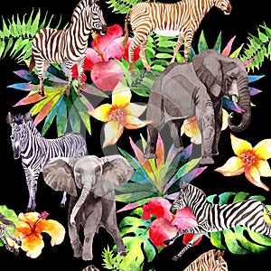 Exotic zebra and elephant wild animals pattern in a watercolor style.