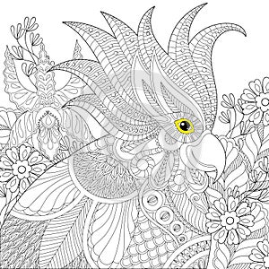 Exotic zentangle cockatoo parrot for adult anti stress coloring photo