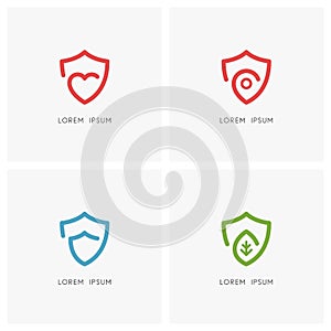 Protection logo set - shield, heart, address and green leaf