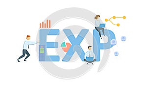 EXP, Export. Concept with keyword, people and icons. Flat vector illustration. Isolated on white.