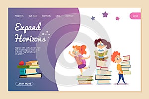 Expand horizons vector concept. Reading landing page template. Cartoon kids read books photo