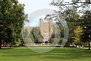 An expanse of grass in front of the Davison Quad building at Duke University in North Carolina