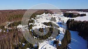 The expanses of the winter forest. Clip. Bird's-eye view. A huge snowy white forest with large snow-covered Christmas