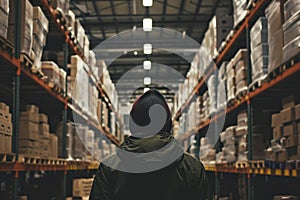 Expansive Back view of person in huge warehouse. Generate ai