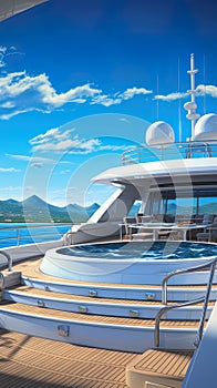 Expansive blue sky sets the backdrop for a yacht with a lavish deck and jacuzzi