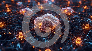 Expansive cloud computing network with interconnected digital nodes and flowing data streams, visualized in a futuristic interface