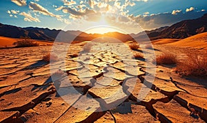 Expansive Desert Landscape with Cracked Earth Foreground Leading to Rolling Sand Dunes Under a Golden Sunrise, Symbolizing Aridity