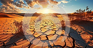 Expansive Desert Landscape with Cracked Earth Foreground Leading to Rolling Sand Dunes Under a Golden Sunrise, Symbolizing Aridity