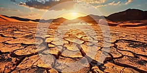 Expansive Desert Landscape with Cracked Earth Foreground Leading to Rolling Sand Dunes Under a Golden Sunrise, Symbolizing Aridity