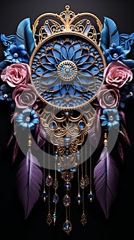 An expansive, elaborately woven dream catcher in deep purples and blues against a stark, jet-black background