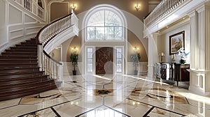 An Expansive Entry Foyer Boasting Elegant Marble Flooring, Arched Windows and Sidelights, and a Grand Staircase with a Lustrous