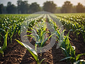 Expansive field of corn with drip irrigation system.