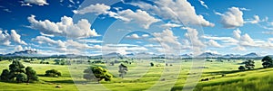 Expansive lush green field under a vibrant blue sky with fluffy white clouds surrounded by a line of trees on the horizon