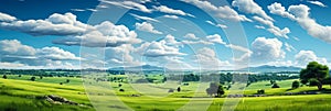 Expansive lush green field under a vibrant blue sky with fluffy white clouds surrounded by a line of trees on the horizon