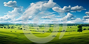 Expansive lush green field under a vibrant blue sky with fluffy white clouds surrounded by a line of trees on the horizon