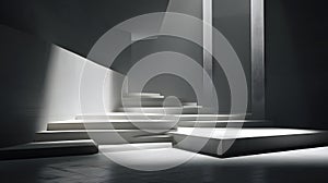 Modern minimalist architecture with dramatic light and shadow on white stairs