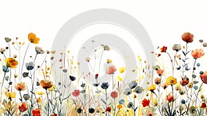 Expansive Minimalist Watercolor Field of Colorful Wildflowers with Expressive Brushwork and Organic Forms