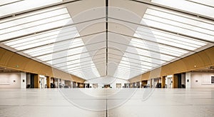 Vast, Modern Exhibition Hall with High Ceiling and Natural Light interior architecture