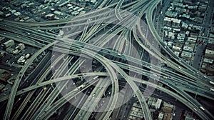 An expansive network of crisscrossing highways and bridges connecting the urban landscape like a web from above